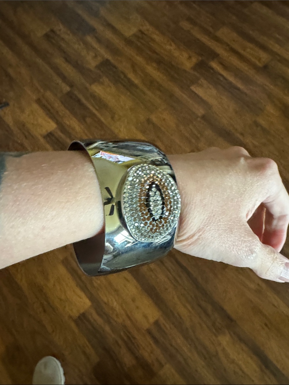 Wide Silver Stainless Steel Cuff Bracelet with Crystal Oval Accent